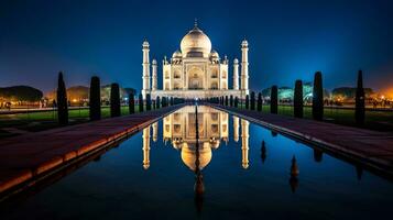 nacht visie van de taj mahal. generatief ai foto