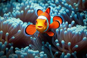 amphiprion Ocellaris clown vis en anemoon in zee. generatief ai foto