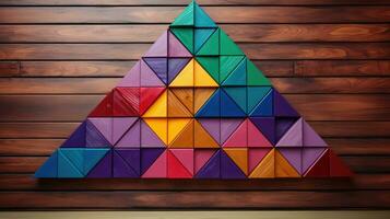 abstract blok stack houten 3d driehoeken, kleurrijk hout structuur voor achtergrond. generatief ai foto