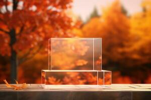 mockup glas kubus podium. podium voetstuk bespotten omhoog met herfst panorama. generatief ai foto