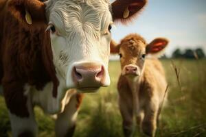 een landelijk tafereel met een koe en een kalf in een groen weide. generatief ai foto