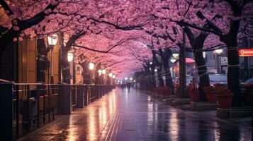 een bruisend tokyo straat Bij nacht en kers bloesems in vol bloeien langs de Laan. generatief ai foto