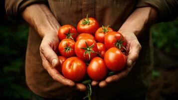 vers tomaten in de handen van een tuinman. generatief ai foto