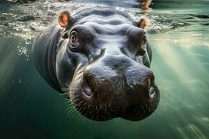 een enorm nijlpaard ondergedompeld in een Doorzichtig rivier. generatief ai foto