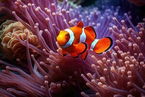 amphiprion Ocellaris clown vis en anemoon in zee. generatief ai foto