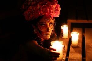 calavera Catrina zittend Aan een troon. suiker schedel verzinnen. dia de los muertos. dag van de dood. halloween. foto