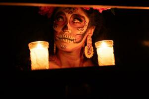 calavera Catrina zittend Aan een troon. suiker schedel verzinnen. dia de los muertos. dag van de dood. halloween. foto