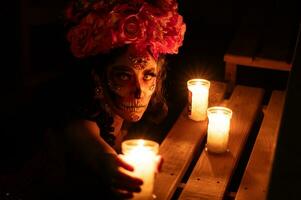 calavera Catrina zittend Aan een troon. suiker schedel verzinnen. dia de los muertos. dag van de dood. halloween. foto