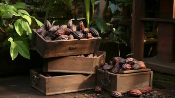 vers geplukt cacao fruit van tuin geplaatst in de dozen. generatief ai foto