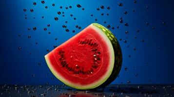 foto van watermeloen fruit voor de helft tegen een kleurrijk abstract achtergrond. generatief ai