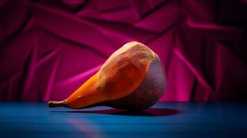 foto van zoet aardappel fruit voor de helft tegen een kleurrijk abstract achtergrond. generatief ai