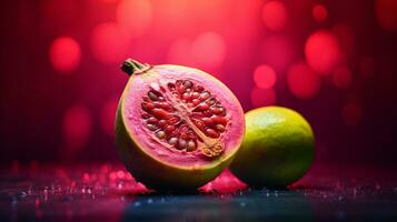 foto van guava bol fruit voor de helft tegen een kleurrijk abstract achtergrond. generatief ai