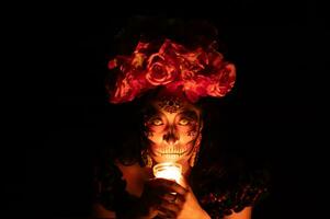 calavera Catrina zittend Aan een troon. suiker schedel verzinnen. dia de los muertos. dag van de dood. halloween. foto