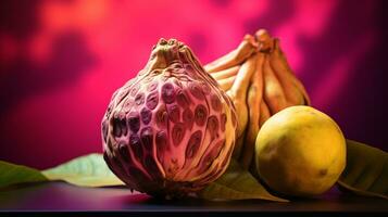 foto van cherimoya fruit voor de helft tegen een kleurrijk abstract achtergrond. generatief ai