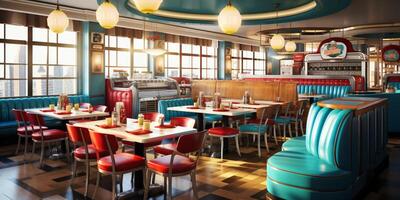 retro wijnoogst diner restaurant, interieur ontwerp, elegant oud fashioned ontwerp concept, ai generatief foto