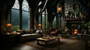 interieur ontwerp, mooi leven kamer gotisch stijl, luxe herenhuis, elegant hoog venster, ai generatief foto