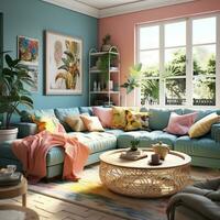 gemeubileerd modern leven kamer, helder blauw en roze kleur palet, interieur ontwerp, ai generatief foto