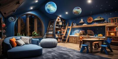 een mooi interieur ontwerp van een kleurrijk kleuterschool, leerzaam speelkamer, kind aan het leren ruimte, kinderkamer, ai generatief foto