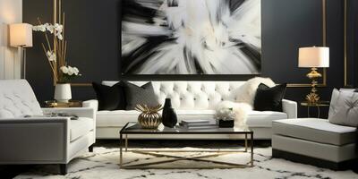 luxueus gemeubileerd leven kamer, ruim knus bank, zwart en wit monochroom palet, elegant interieur ontwerp, ai generatief foto