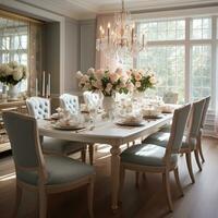 luxueus gemeubileerd dining kamer, aantrekkingskracht dining Oppervlakte, elegant interieur ontwerp, ai generatief foto