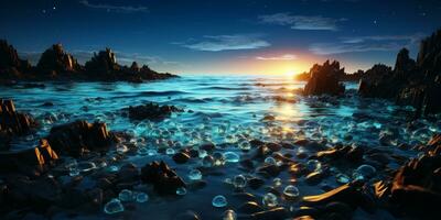 mooi glas strand, kleurrijk kiezels, fantasie zeegezicht, dromerig atmosfeer, ai generatief foto