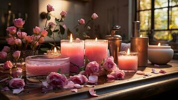 warm romantisch ontspannende bad met roos bloemblaadjes en brandend kaarsen foto