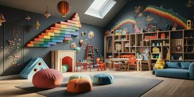 een mooi interieur ontwerp van een kleurrijk kleuterschool, leerzaam speelkamer, kind aan het leren ruimte, kinderkamer, ai generatief foto