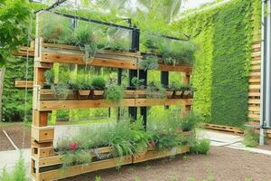 pallets met hangende planten verticaal tuin. achtergrond. ai generatief pro foto