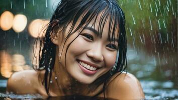 portret van mooi erotisch glimlachen nat Aziatisch vrouw in de water in de regen. generatief ai foto