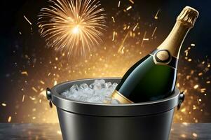 vieren Champagne fles en bril en vuurwerk achtergrond foto