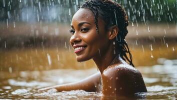 portret van mooi erotisch glimlachen nat zwart huid vrouw in de water in de regen. generatief ai foto