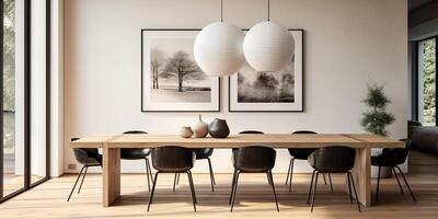 minimaal dining kamer, helder dining Oppervlakte, interieur ontwerp, ai generatief foto