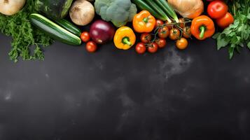 ai gegenereerd kader van biologisch voedsel. vers rauw groenten Aan zwart achtergrond. top visie. kopiëren ruimte. foto