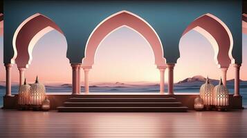 podium achtergrond in Ramadan vakantie minimalisme stijl . oosters Arabisch ontwerp met tinten van beige kleuren. ai generatief foto