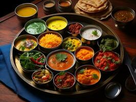 Indisch keuken thali Aan een tafel met verschillend Indisch voedingsmiddelen ai generatief foto
