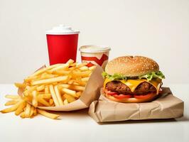 verpakking Hamburger met Patat en ketchup ai generatief foto