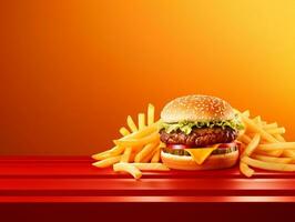 Hamburger met Patat en ketchup Aan geïsoleerd achtergrond ai generatief foto