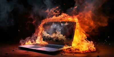 laptop fel brandend en roken. ai generatief. foto