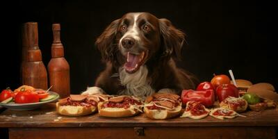 blij hond smaken een smakelijk traktatie van heet honden. ai generatief. foto