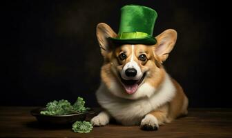 charmant corgi vieren st. Patrick dag met een top hoed en klaver. ai generatief. foto