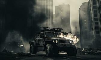 vurig explosie overspoelt een leger voertuig temidden van een donker. ai generatief. foto
