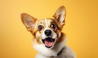 verrukkelijk corgi hond Aan een levendig geel achtergrond. ai generatief. foto