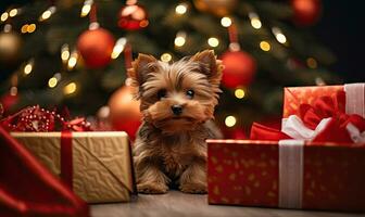 een speels puppy en een fonkelend Kerstmis boom. ai generatief. foto