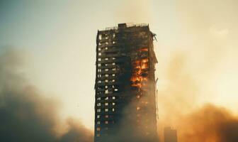 torenhoog gebouw overspoeld in een woest vuur, met rook golvend. ai generatief. foto