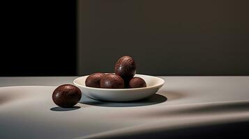 foto van chocola Aan een minimalistische tafel. generatief ai