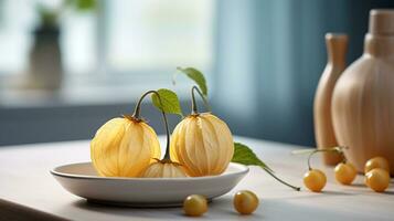 foto van groundcherry Aan een minimalistische tafel. generatief ai