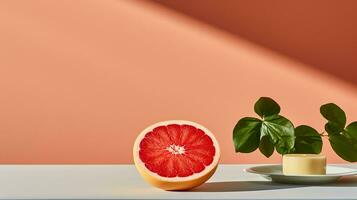 foto van grapefruit Aan een minimalistische tafel. generatief ai