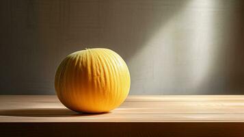 foto van meloen Aan een minimalistische tafel. generatief ai