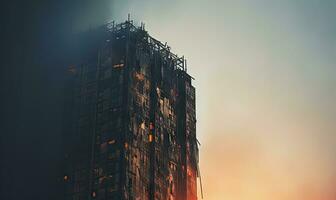 torenhoog gebouw overspoeld in een woest vuur, met rook golvend. ai generatief. foto