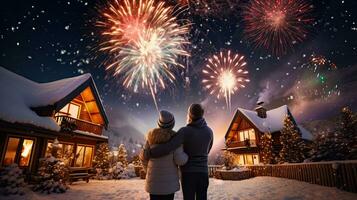 gelukkig familie aan het kijken vuurwerk en Kerstmis boom Bij nacht. nieuw jaar viering concept. foto